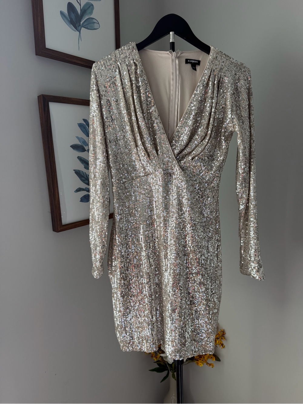 Express Silver Sequin Mini Dress with V-Neck
